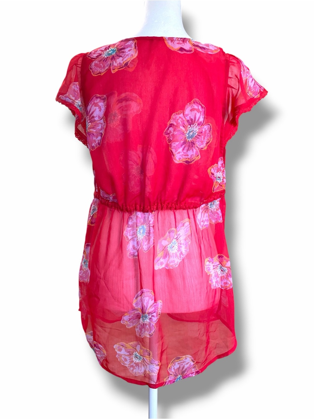 NWOT Free People Cecile Printed Sheer Floral Tie Front Top Red Pink Size Small - Picture 3 of 14